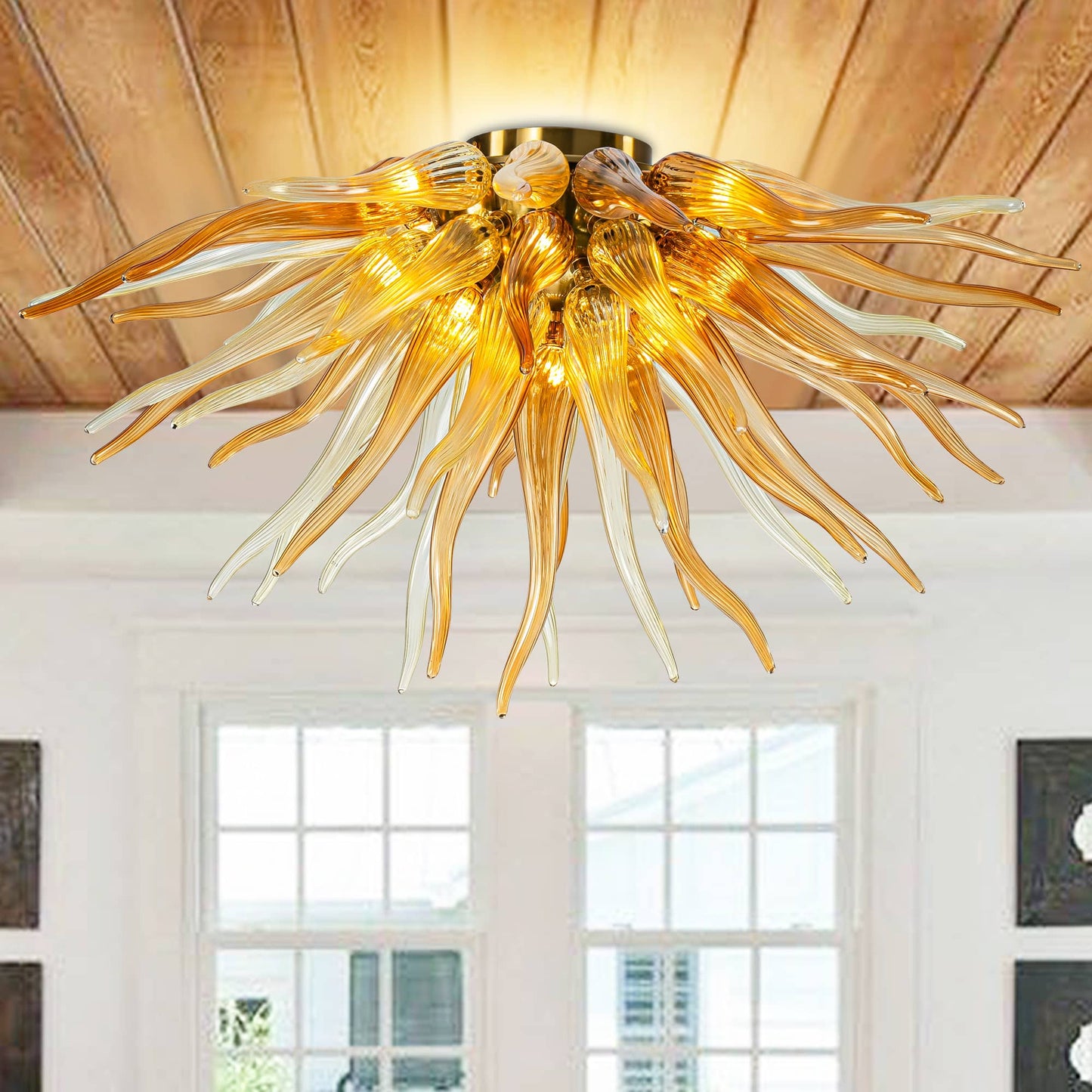 Semi-Flush Sputnik Blown Glass Chandelier Golden Amber